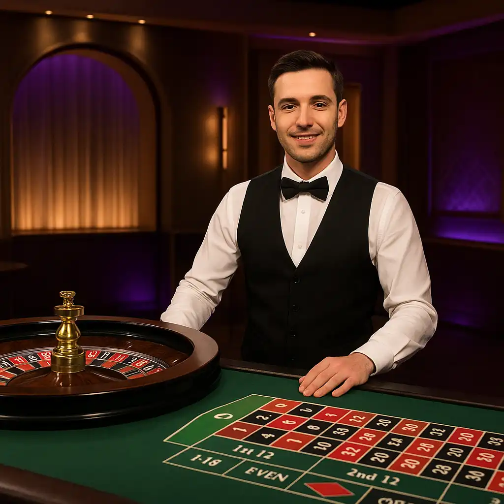 Live casino dealer running a roulette wheel in a professional streaming studio