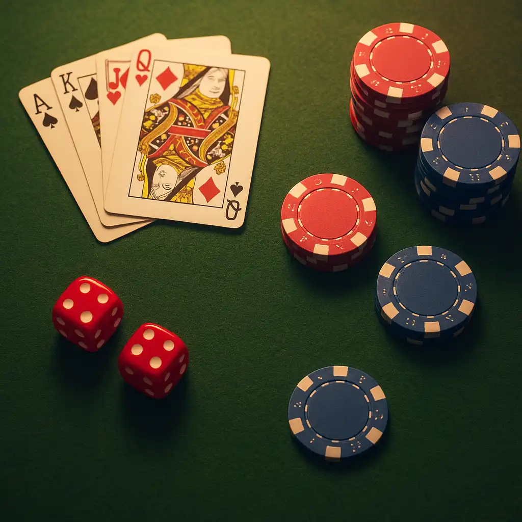 Green baize table games layout with cards and casino chips arranged neatly