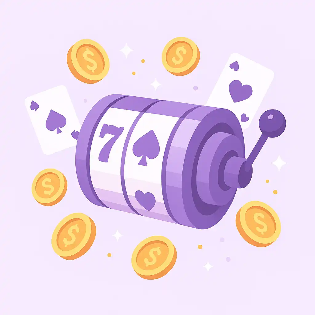 Illustration of a purple slot machine reel surrounded by coins and playing cards on a lavender background